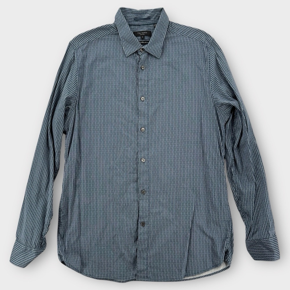 Ted‎ Baker Mens Size 4 Blue Geometric Stretch Button Down Shirt MMA-WELBAKE